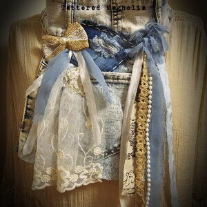 New Upcycled Jabot Denim & Lace Art To Wear Designer Original